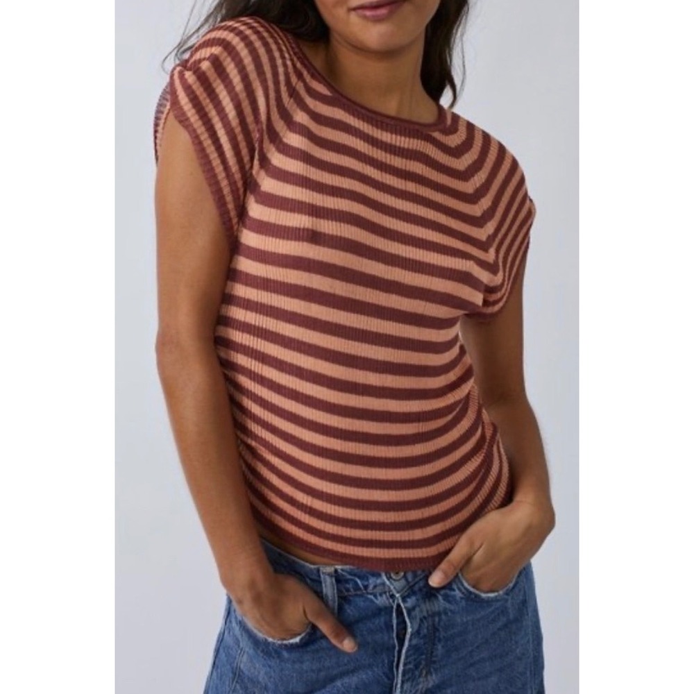 Free‎ People Slinky Baby Tee in Redwood Peach Striped Ribbed Cap Sleeve Top XS